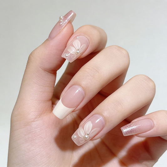 Garden Bliss Long Coffin Pink with Floral Design and Pearls Press On Nail Set