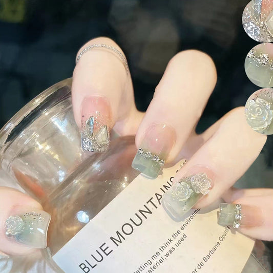Enchanted Forest Medium Square Clear and Green Press on Nail Set with Rose and Glitter Accents