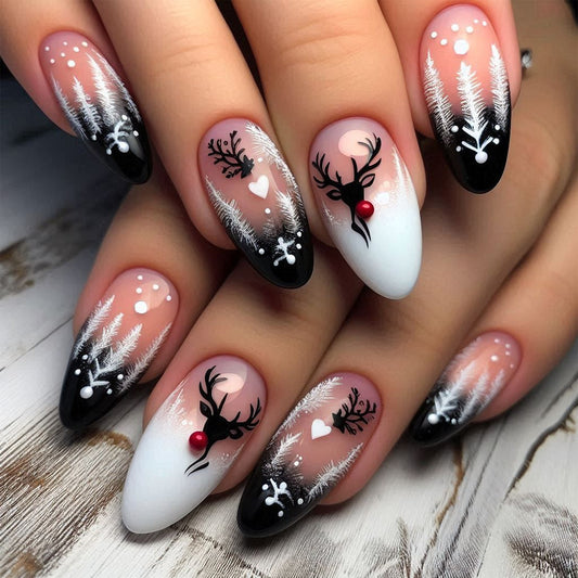 Festive Fantasy Long Almond Shaped Black and White Press-On Nail Set Featuring Elegant Reindeer and Snowflake Design