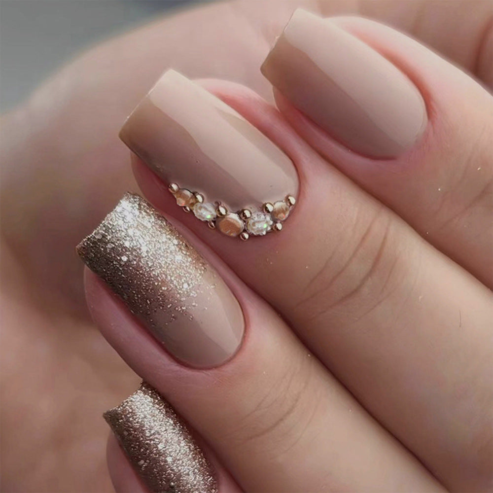 Glamorous Elegance Short Square Beige with Glittery Ombré and Gem Accents Press on Nail Set