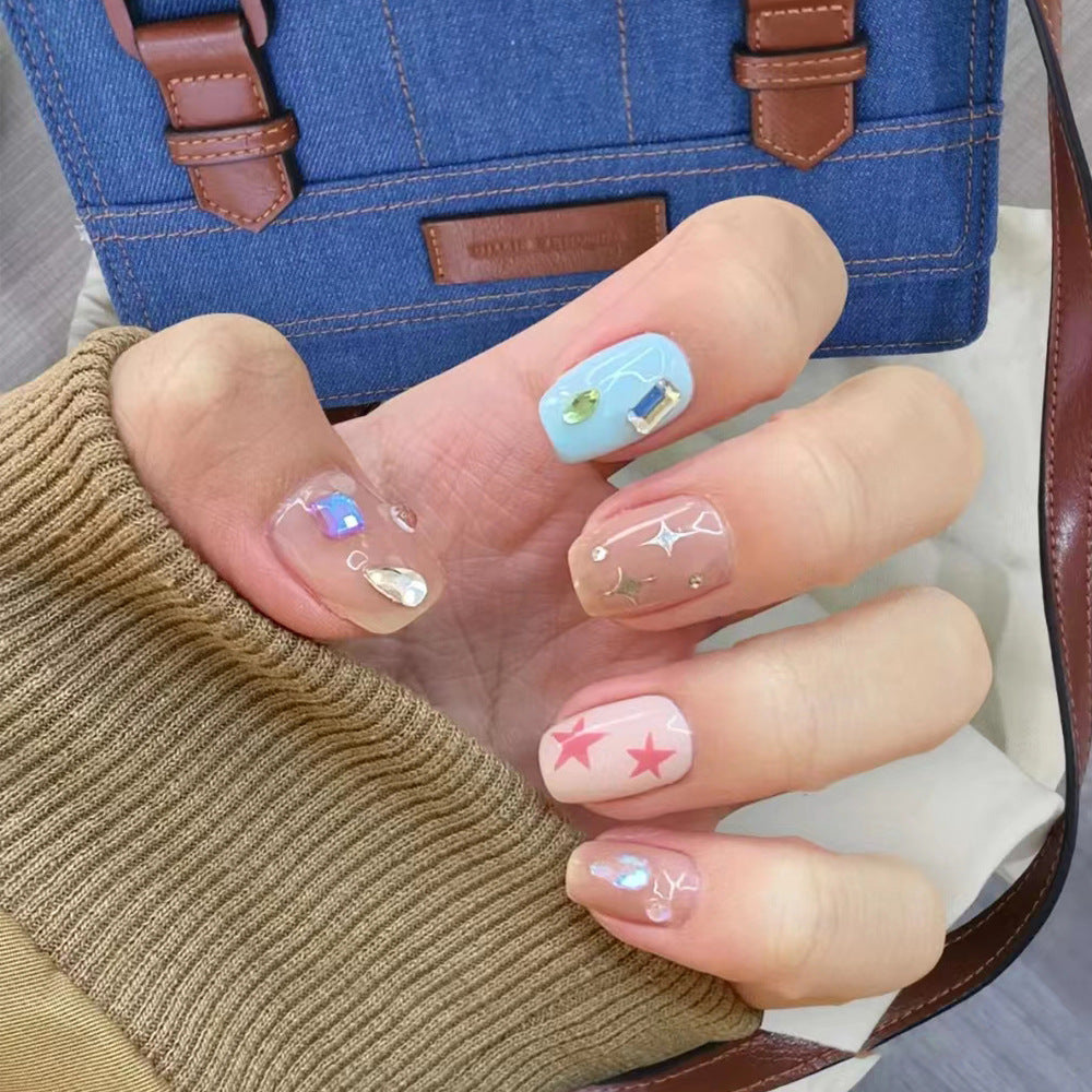 Whimsical Summer Press On Nail Set Medium Square Pastel Blue and Pink with Dazzling Gemstone Accents
