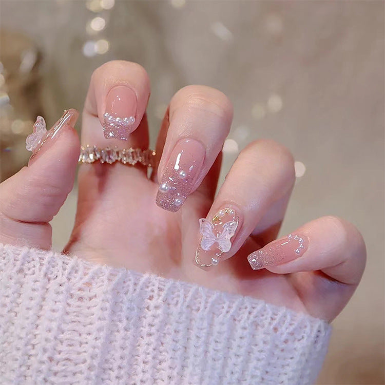 Whimsical Garden Long Coffin Pink Glitter Nails with Butterfly Accent