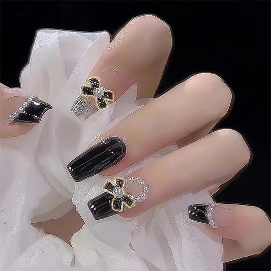 Glamorous Elegance Long Coffin Black Nail Set with Crystal Bow Accents