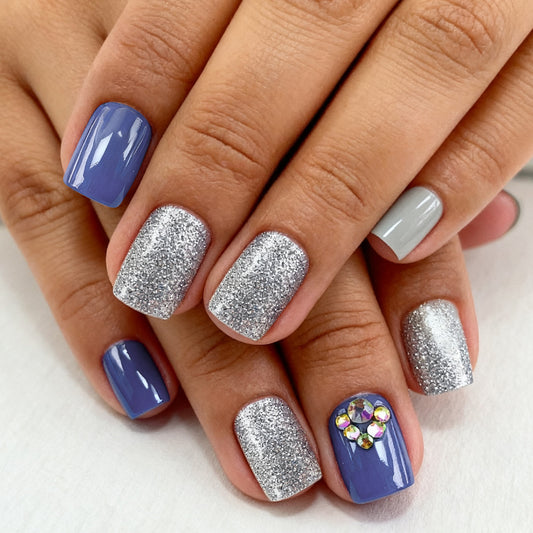 Glamorous Shine Short Square Press On Nail Set in Deep Blue and Silver with Sparkling Rhinestone Detail