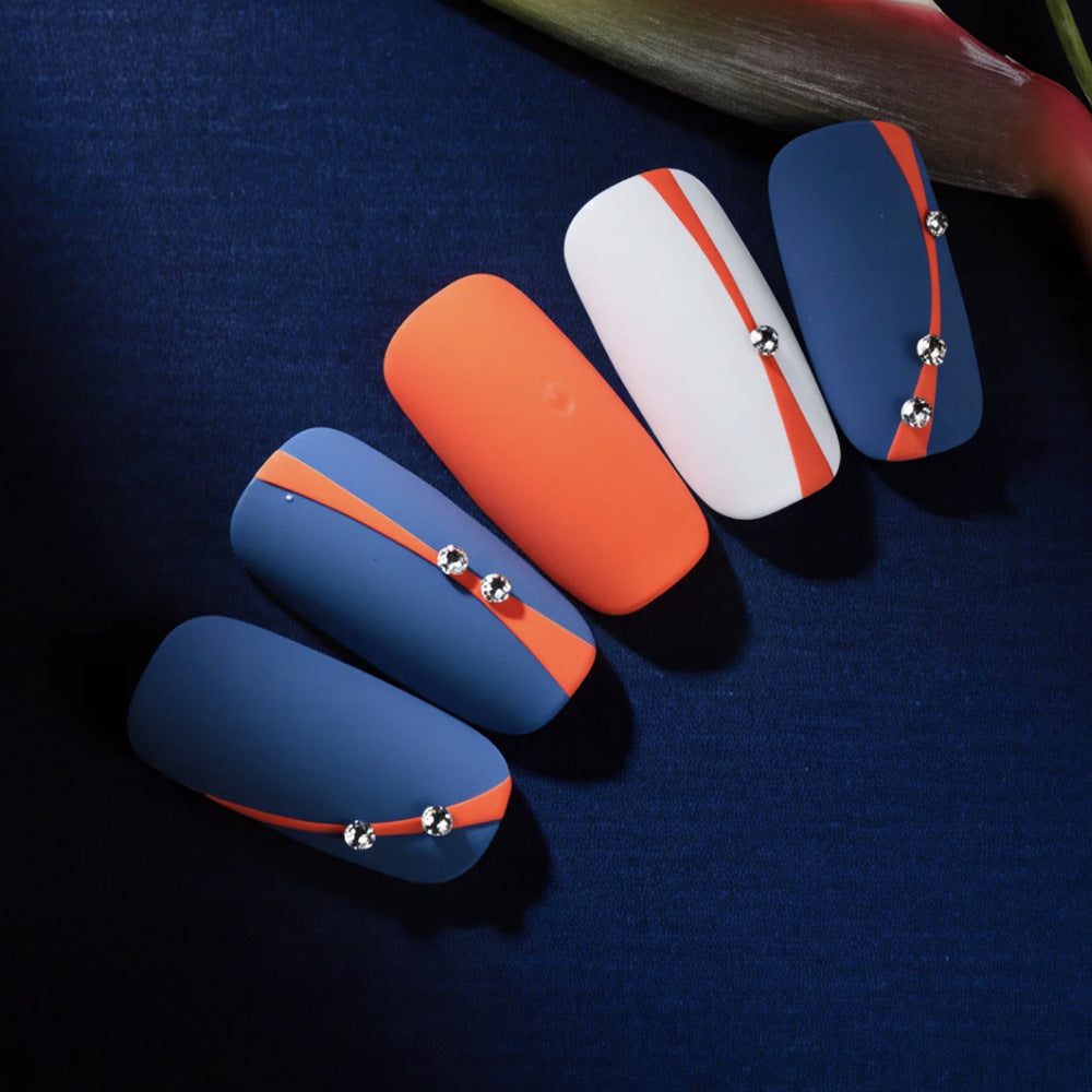 Ocean Breeze Inspired Elegant Short Square Matte Blue and Orange Press On Nail Set with Unique Crystal Accents