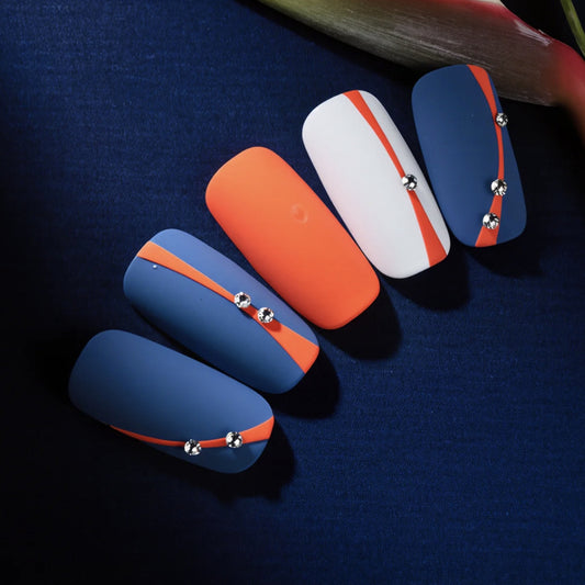 Ocean Breeze Inspired Elegant Short Square Matte Blue and Orange Press On Nail Set with Unique Crystal Accents