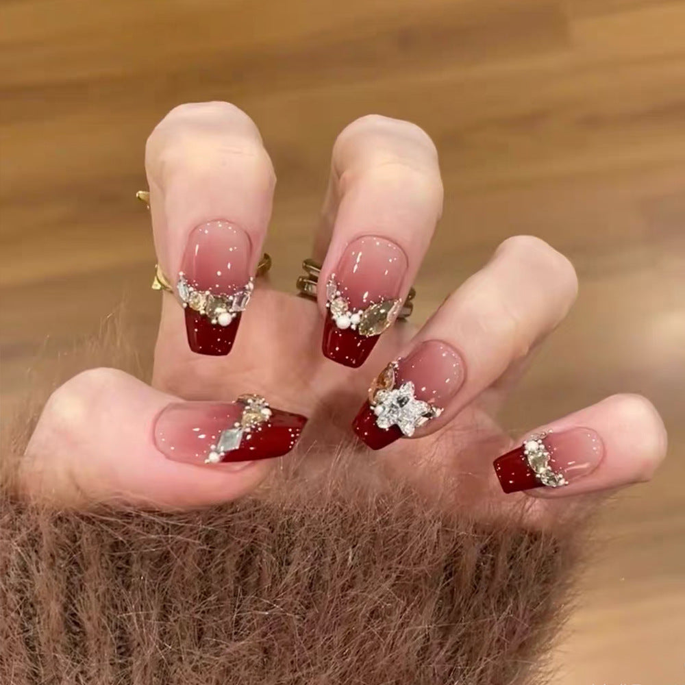 Charming Winter Wonderland Long Coffin Burgundy Nails with Sparkling Embellishments