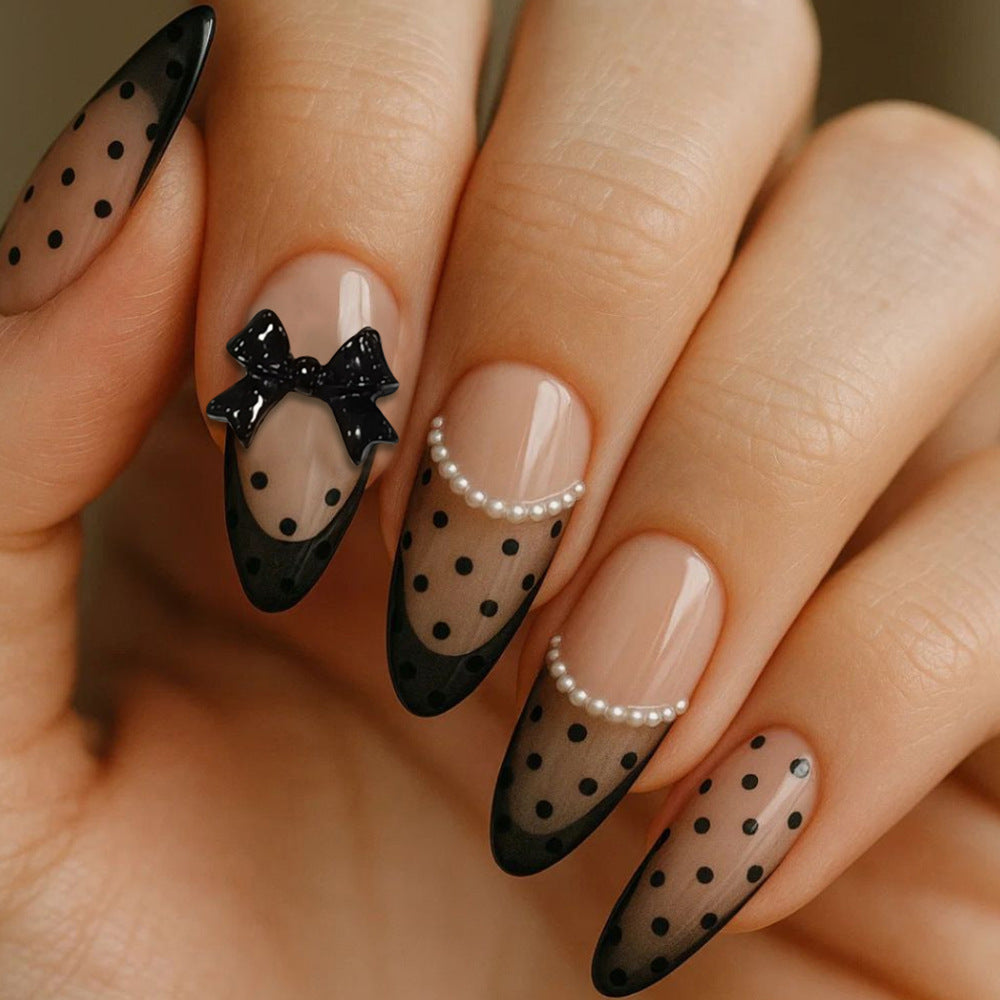 Chic Elegance Long Almond Black Sheer with Polka Dots and Bow Detail Press On Nail Set