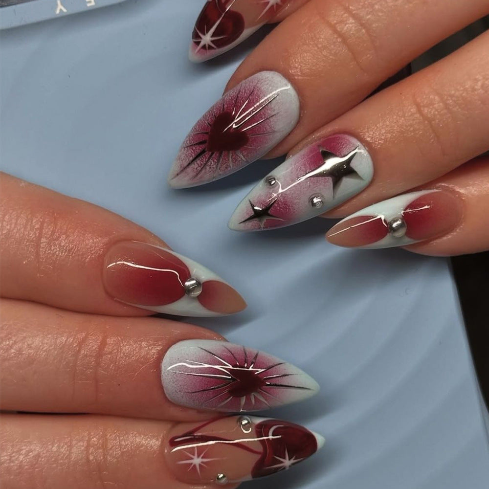 Celestial Glamour Long Almond Shaped Ombre Red and Blue Press On Nail Set with Unique Metallic Accents
