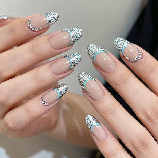 Elegant Oceanic Flair Long Oval Shape Clear with Silver Accents and Swirling Designs Press on Nail Set