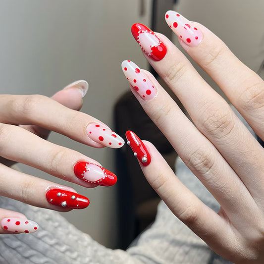 Charming Romance Long Oval Red with White Polka Dots and Rhinestone Accents Press-On Nail Set