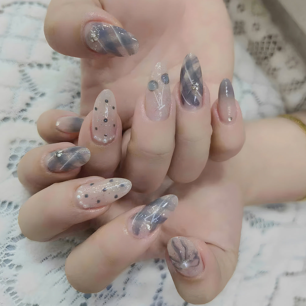 Celestial Dreams Long Almond Translucent Gray with Glitter Accents Press-On Nail Set