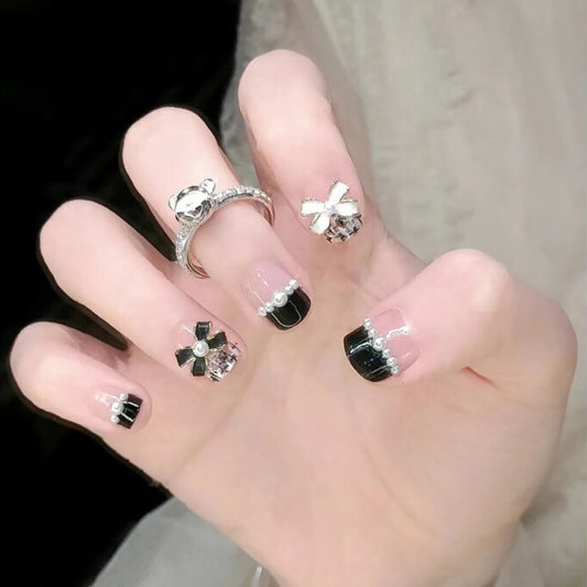 Enchanting Elegance Medium Square Transparent and Black with Decorative Floral Accents Press On Nail Set