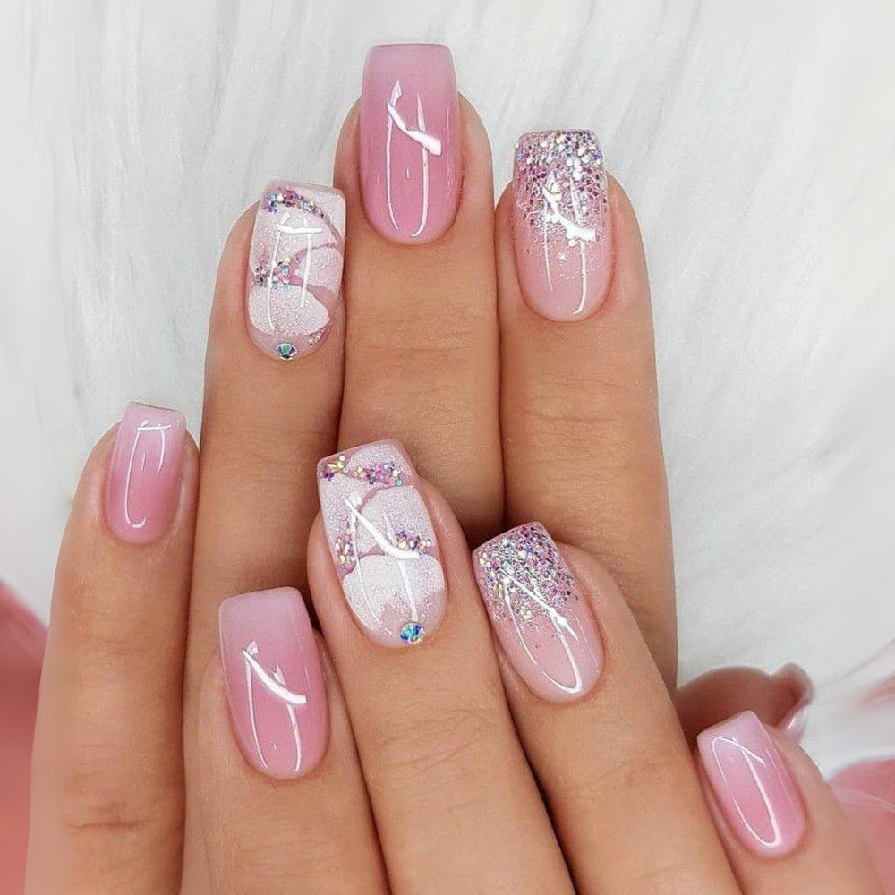 Glamorous Medium Square Pink Press On Nail Set with Sparkling Glitter Accents
