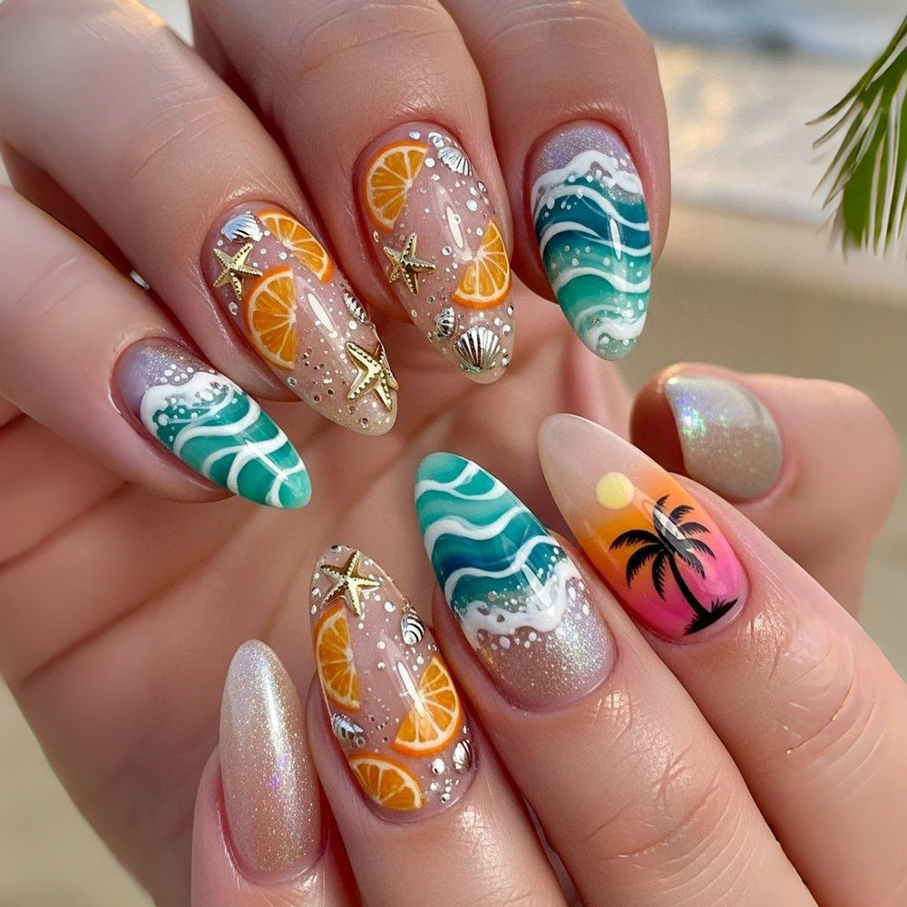 Tropical Ocean Bliss Medium Almond Teal with Glittering Beach Accents Press on Nail Set