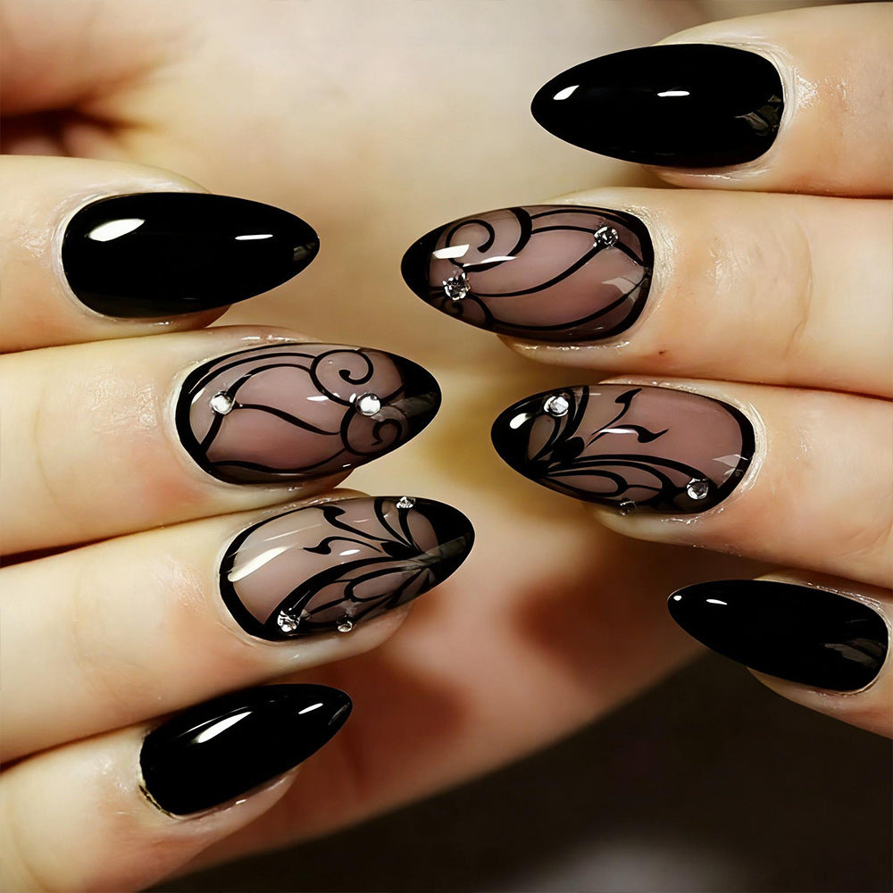 Mystical Elegance Medium Almond Black Press On Nail Set with Artistic Design