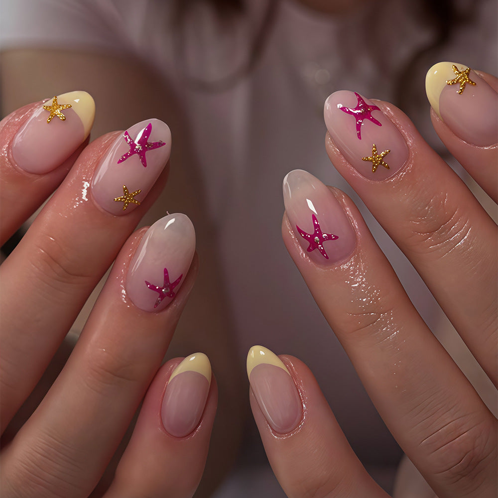 Beachy Vibes Medium Almond Yellow Tip with Starfish Accents Press on Nail Set