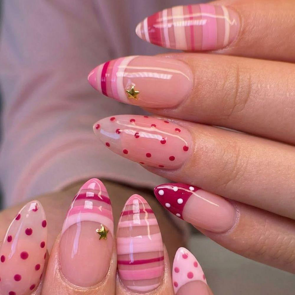 Whimsical Pink Medium Almond Press On Nail Set with Star Accents