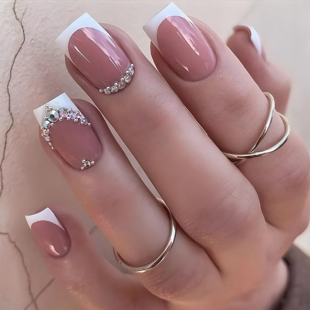 Chic Elegance Medium Square Blush Pink with Dazzling Rhinestone Accent Press On Nail Set