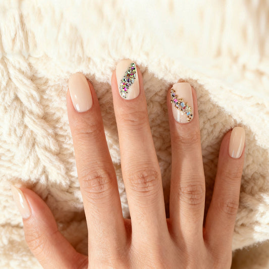 Glamorous Elegance Medium Squoval Beige Nails with Sparkling Gem Accents