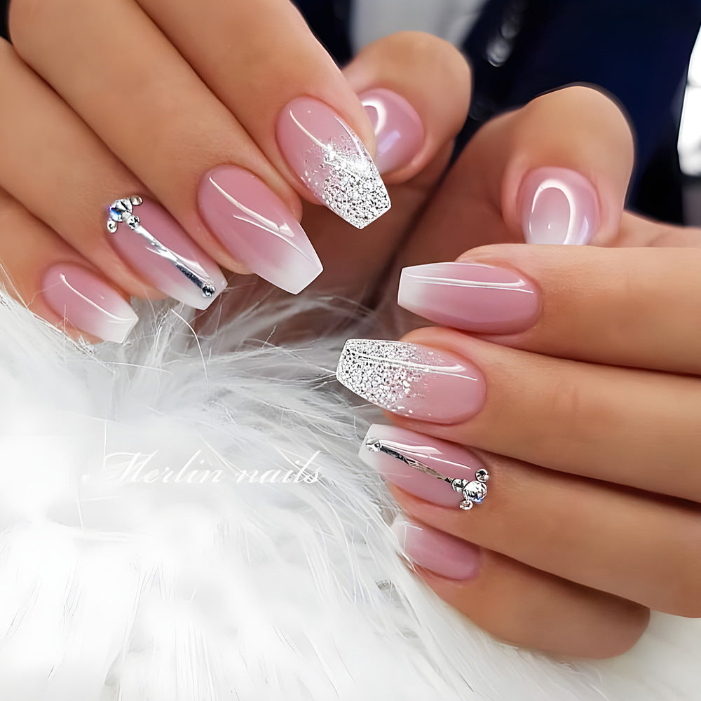 Glamorous Bliss Medium Coffin Pink and White Ombre Nails with Glitter and Shine