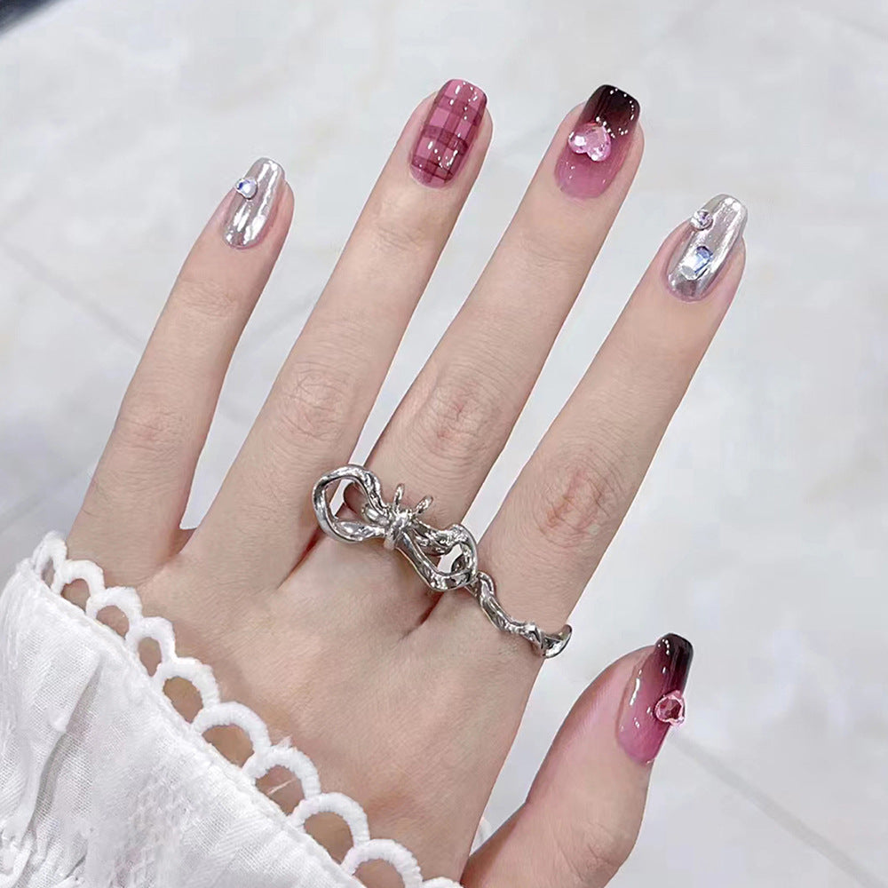 Charming Whimsy Medium Square Gradient Pink to Silver Press On Nail Set with Glittering Heart Accent
