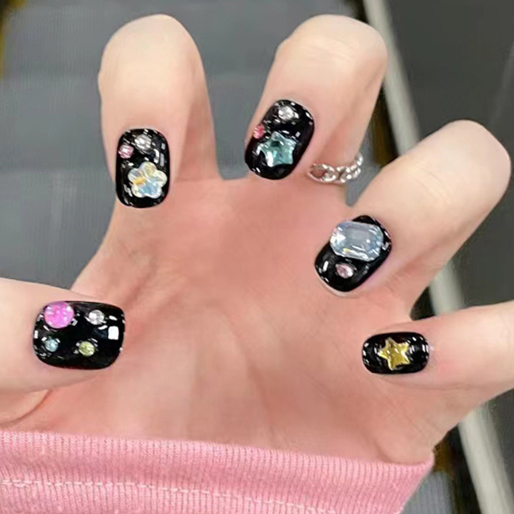 Enchanting Midnight Glamour Medium Square Black Nail Set with Dazzling Gemstone Accents