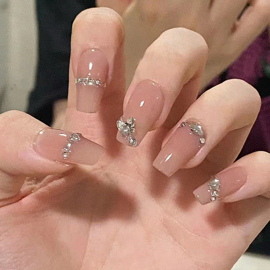 Elegant Charm Long Square Rose Pink Press-On Nail Set with Stunning Crystal Accents