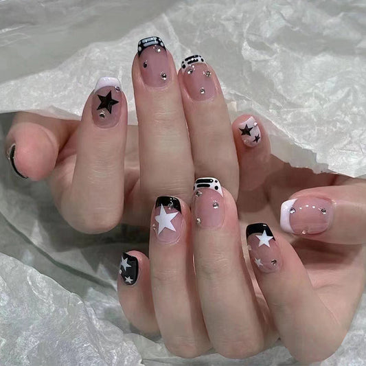 Celestial Glamour Short Square Black and White Press on Nail Set with Star Accents