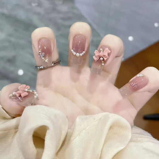 Charming Floral Fantasy Long Square Blush Pink Press-On Nail Set with Pearl and Bow Embellishments