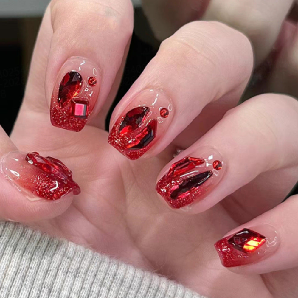Glamorous Red Crystal Short Square Press On Nail Set with Glittering Embellishments