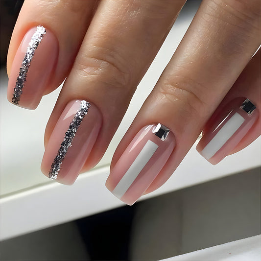 Glamorous Silver Stripes Long Square Pink Press On Nail Set with Glitter Accents and Gem Details