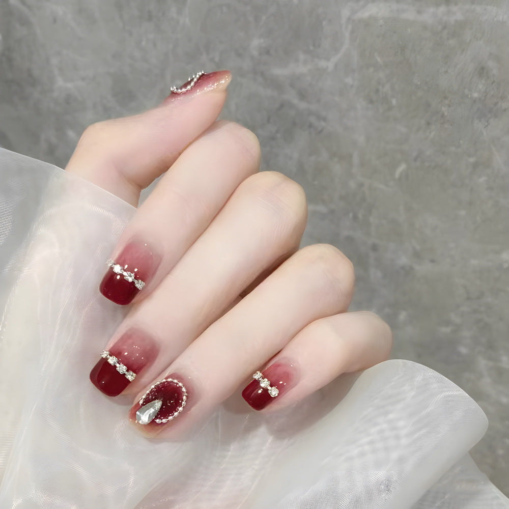 Elegance Unveiled Square Short Burgundy with Pearl Accents and Statement Gemstone Newcastle Press On Nail Set