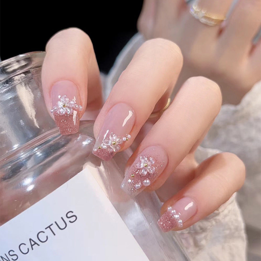 Enchanted Blossom Medium Coffin Pink Ombre with Dazzling Floral Accents Press On Nail Set