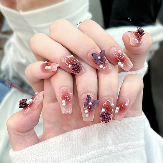 Enchanted Floral Long Square Ombre Pink Press On Nail Set with Charming Butterfly and Pearl Accents