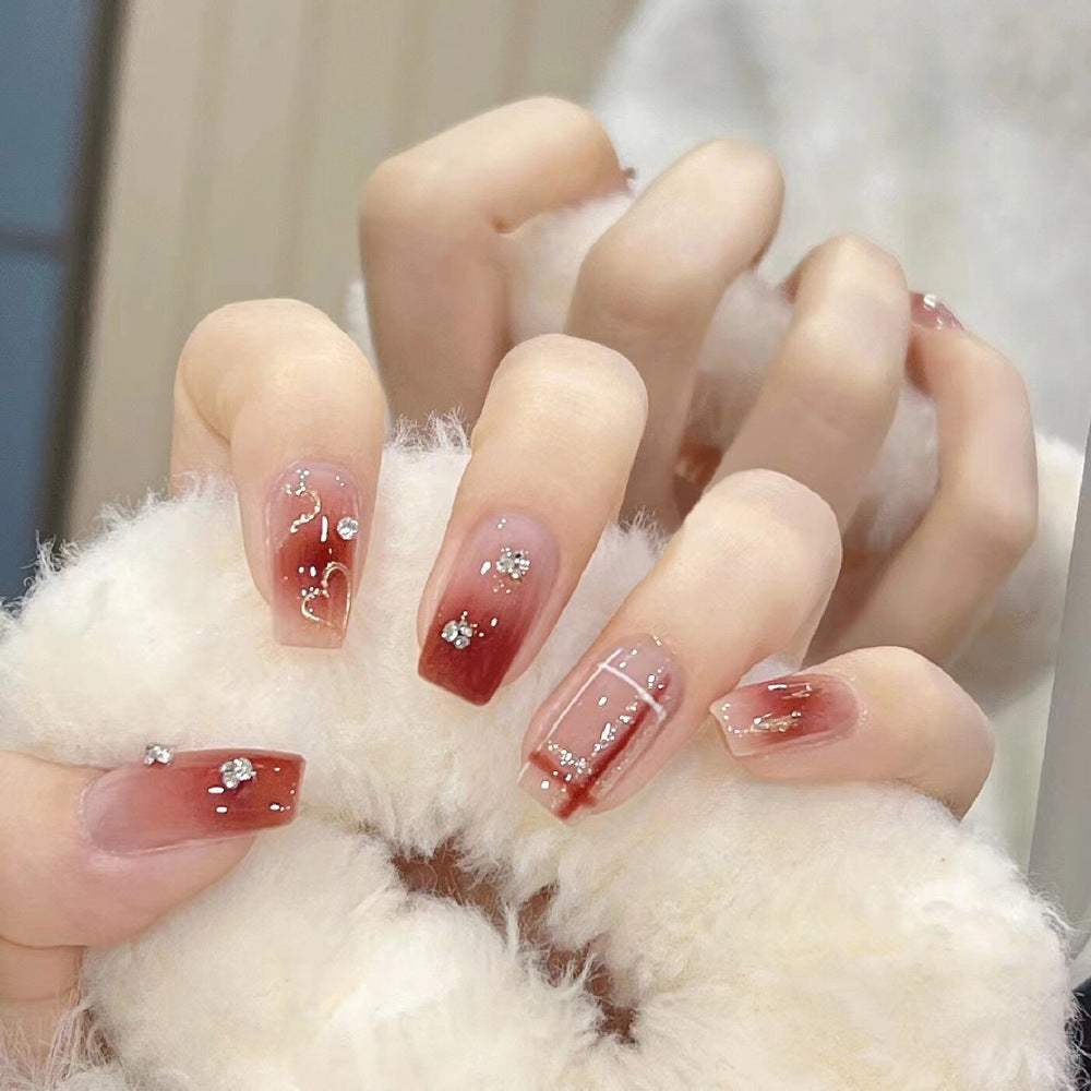 Autumn Elegance Long Square Red Ombre With Glitter Detail Press On Nail Set