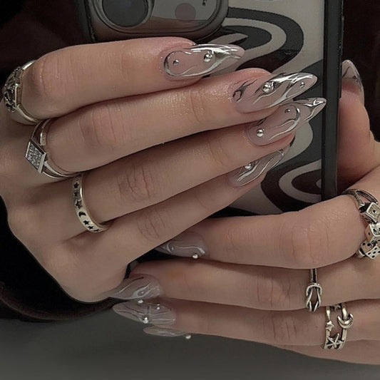 Glamorous Glow Long Almond Shaped Beige Press On Nail Set with Elegant Gem Accents
