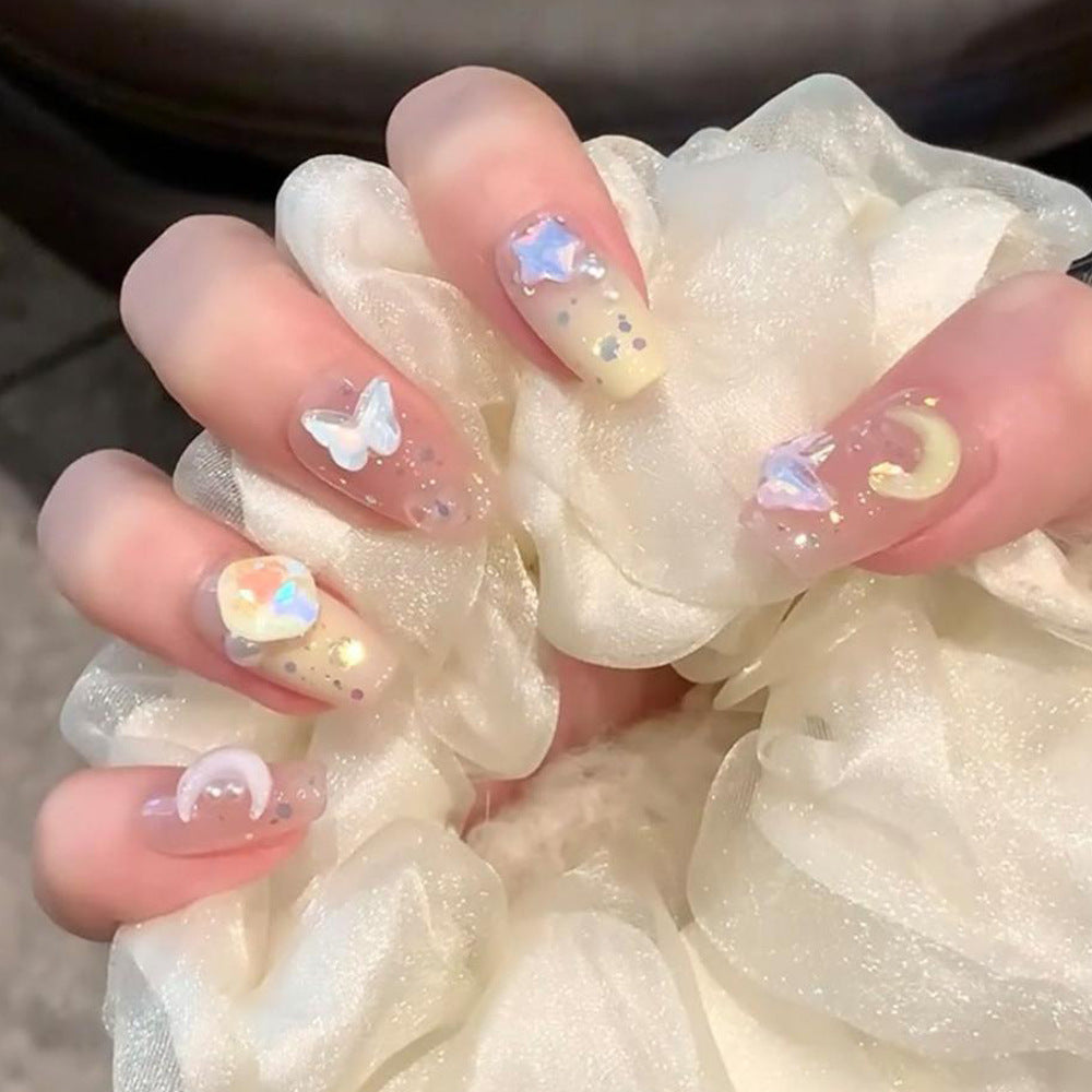 Celestial Dream Long Square Soft Yellow with Iridescent Butterfly and Star Accents Press on Nail Set