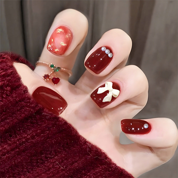 Chic Elegance Short Square Burgundy with Pearl and Bow Accent Press-On Nail Set