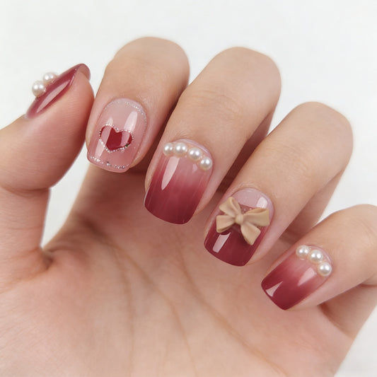 Charming Romance Short Square Burgundy Gradient with Heart and Bow Embellishments Press-On Nail Set