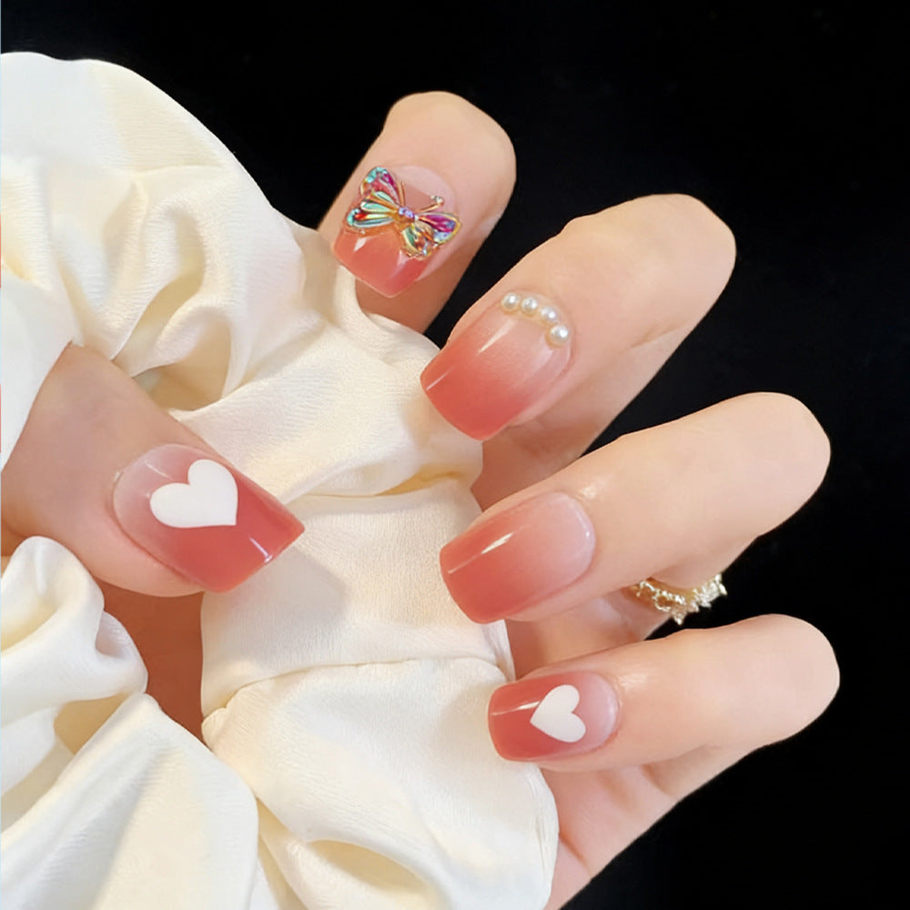 Whimsical Romance Short Square Soft Pink with Heart and Butterfly Accents Press on Nail Set