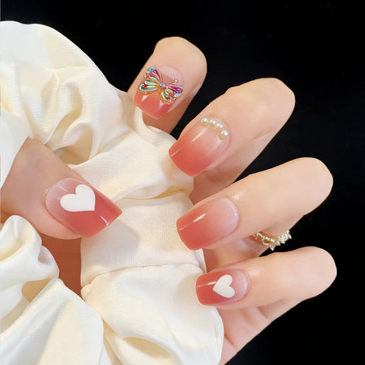 Whimsical Romance Short Square Soft Pink with Heart and Butterfly Accents Press on Nail Set