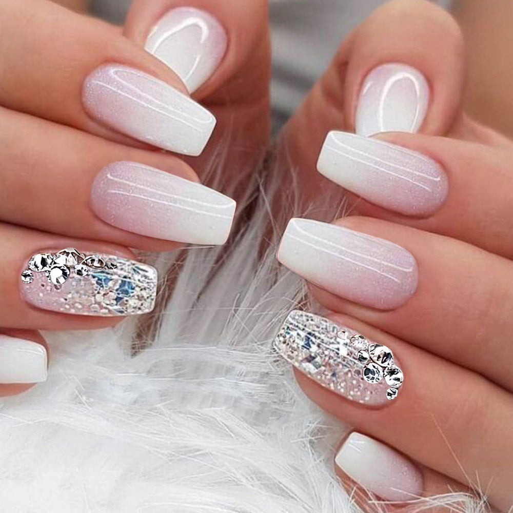 Glistening Winter Wonderland Long Coffin Ombre White and Pink Press On Nail Set with Sparkling Gem Accent