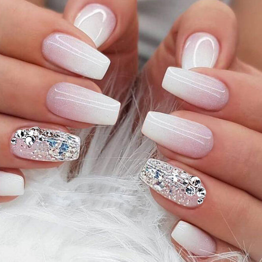 Glistening Winter Wonderland Long Coffin Ombre White and Pink Press On Nail Set with Sparkling Gem Accent