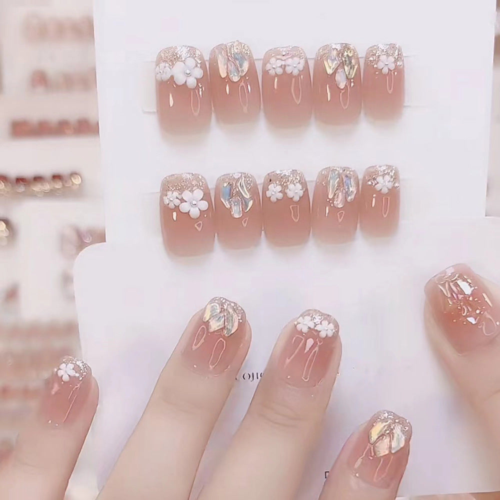 Whimsical Floral Elegance Short Square Soft Pink with Iridescent Floral Accents Press On Nail Set