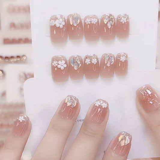 Whimsical Floral Elegance Short Square Soft Pink with Iridescent Floral Accents Press On Nail Set