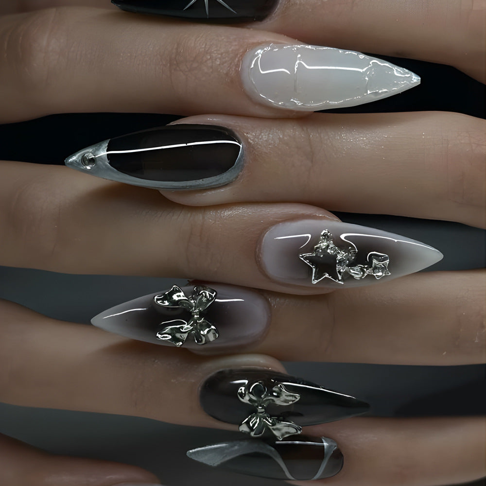 Gothic Elegance Long Stiletto Black and White Press On Nail Set with Unique 3D Floral and Star Accents