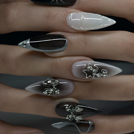 Gothic Elegance Long Stiletto Black and White Press On Nail Set with Unique 3D Floral and Star Accents