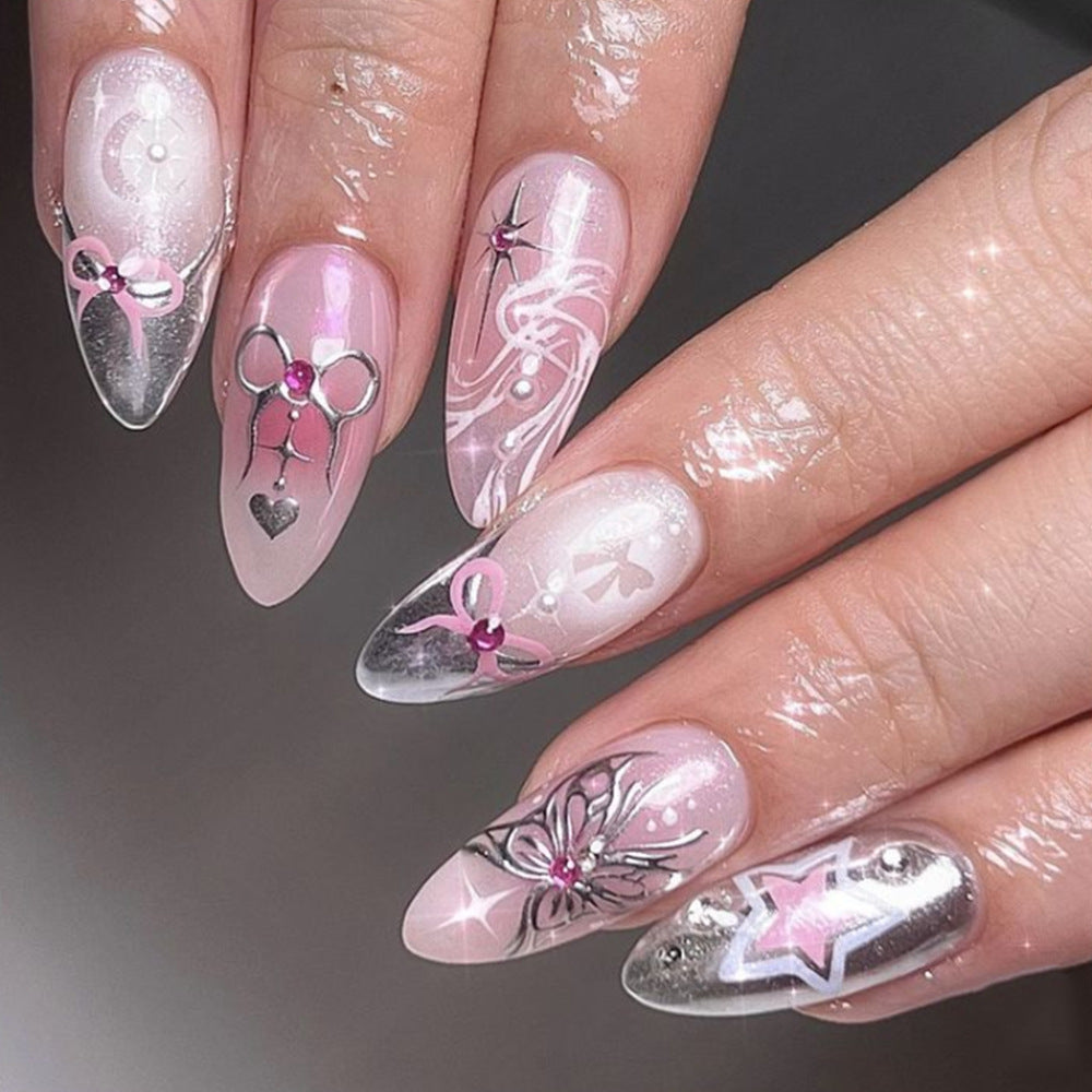 Dreamy Floral Fantasy Long Almond Pink with Glittering Jewels and Cute Bow Accents Nail Set