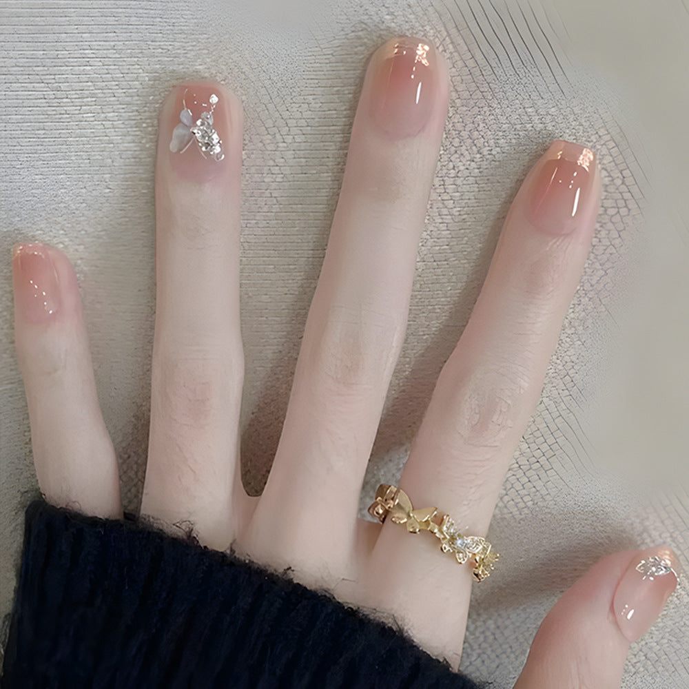 Elegant Floral Short Square Blush Press On Nail Set with Unique Glitter Design